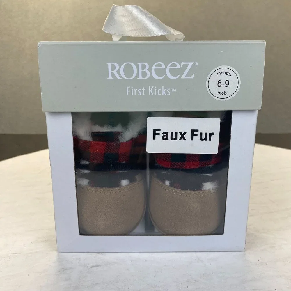 Robeez First Kicks Blake Buffalo Plaid Red Faux Fur Baby Boys Shoes 6-9‎ M,NEW